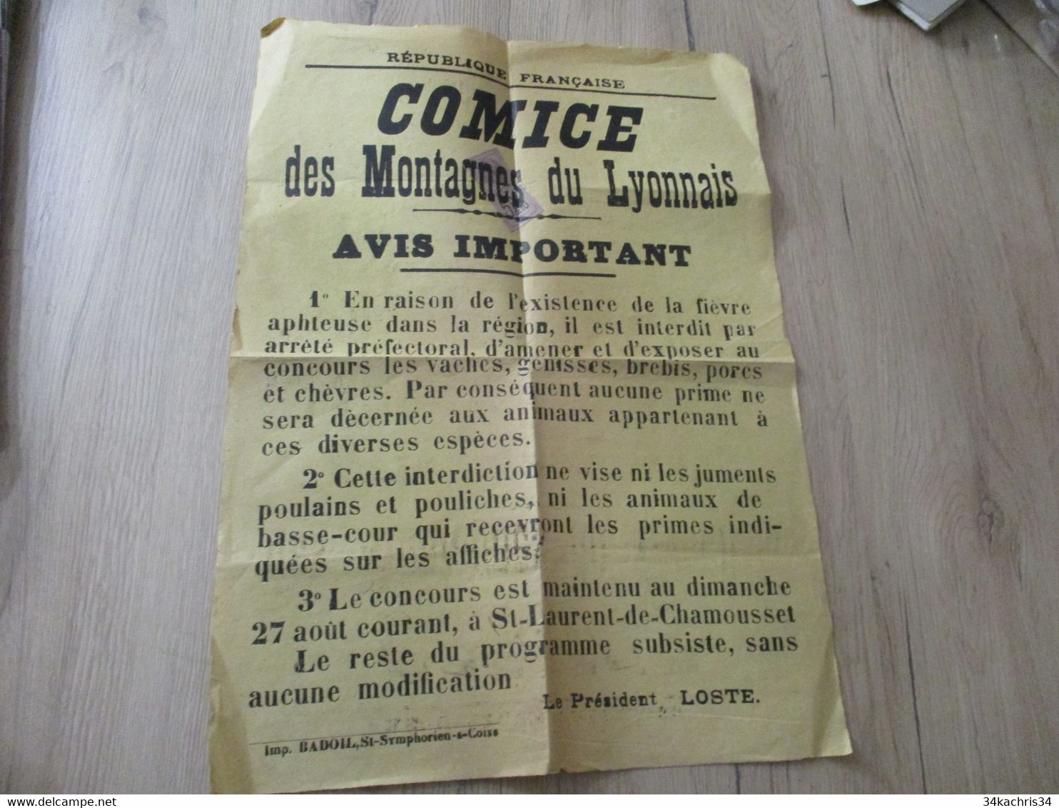 Comice Montagne Lyonnois Fièvre Aphteuse Interdiction D'exposer Vaches Cochons.. Au Concours De St Laurent De Chamousset - Posters