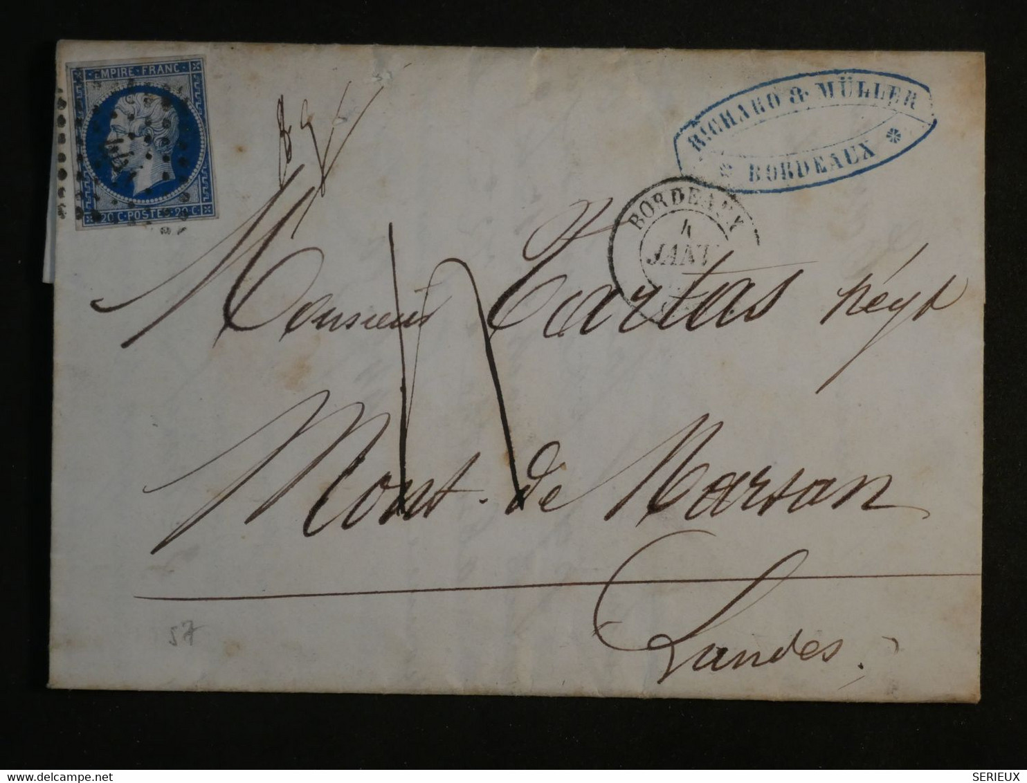 BM10  FRANCE  BELLE LETTRE 1855 BORDEAUX A MONT DE MARSAN    +N°14 LAITEUX +AFFRANCH.  INTERESSANT++++ - 1853-1860 Napoléon III