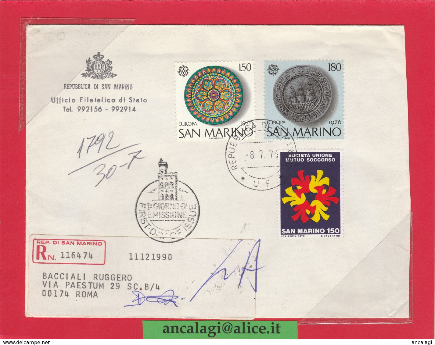 SAN MARINO 1976 - St.Post.059 - Busta FDC Raccomandata, 2v. Serie "EUROPA UNITA, ARTIGIANATO" - Vedi Descrizione - - Lettres & Documents