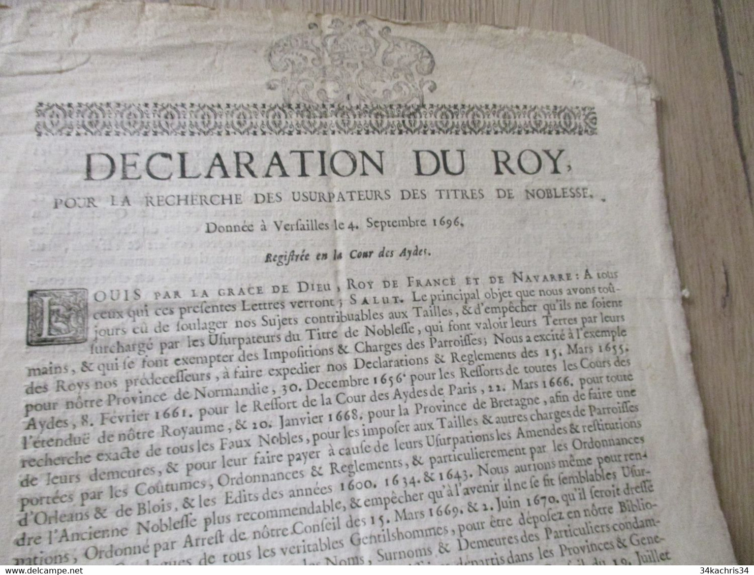 M8 Déclaration Du Roi Pour La Recherche Des Usurpateurs Des Titres De Noblesse 04/09/1696 Pièce Signée Autographe - Décrets & Lois