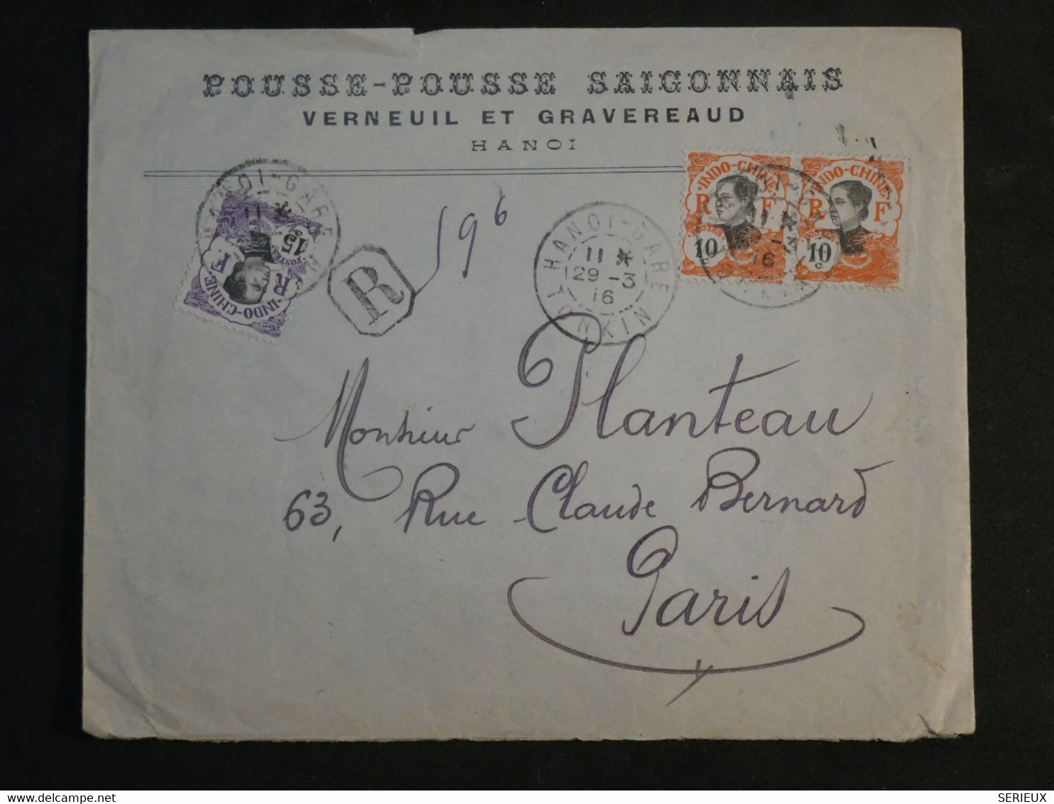 BM10  INDOCHINE   FRANCE LETTRE  1916  POUSSE POUSSE SAIGONAIS HANOI A  PARIS FRANCE +AFFRANCH. INTERESSANT++++ - Storia Postale