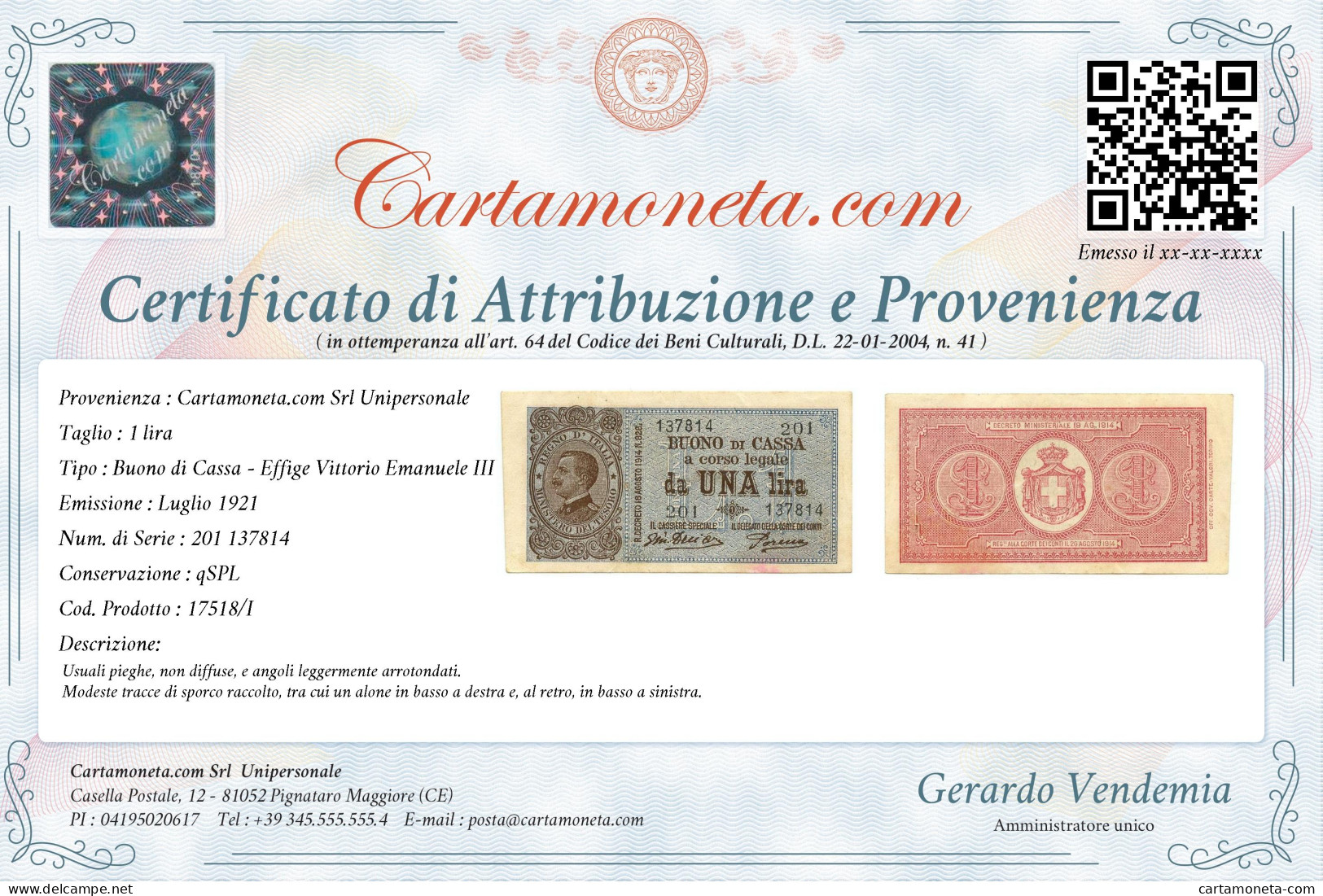 1 LIRA BUONO DI CASSA VITTORIO EMANUELE III PORENA LUGLIO 1921 QSPL - Regno D'Italia – Other