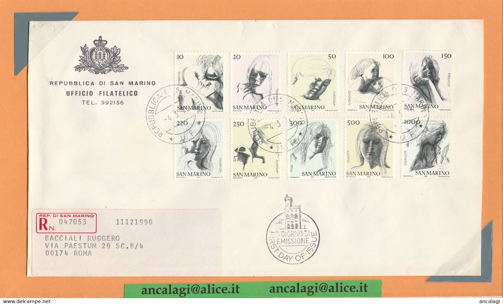 SAN MARINO 1976 - St.Post.062 - Busta FDC Raccomandata, 10v. Serie "LE VIRTU CIVILI 1° Emiss." - Vedi Descrizione - - Covers & Documents