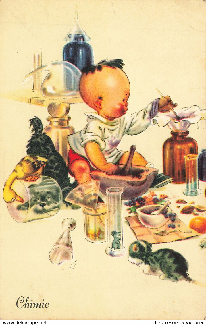 CPA - Fantaisies - Chimie - Bébé Faisant Des Expériences - Animaux - Oblitéré Liège 1954 - Couleur - Baby's