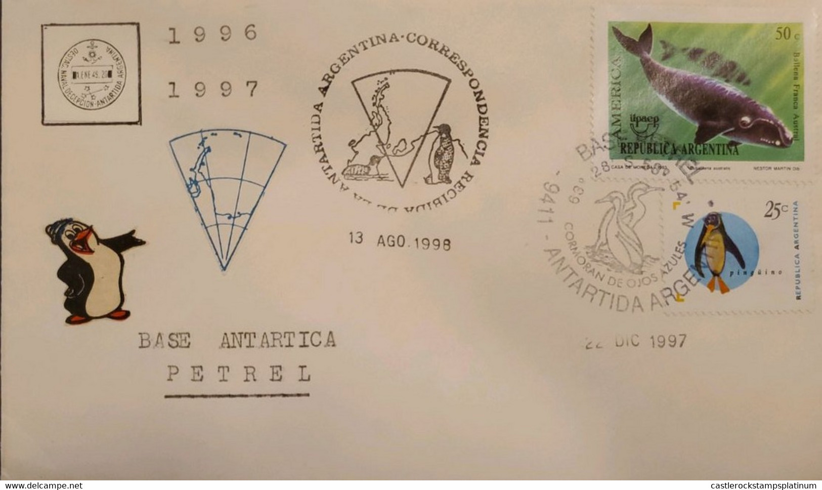 A) 1998, ARGENTINA, COVER OF ANTARCTIC BASE PRETEL, AMERICA UPAEP, PENGUIN STAMP, XF - Brieven En Documenten