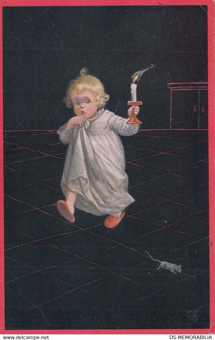 Wally Fialkowska - Child W Candle Old Postcard Mouse - Fialkowska, Wally