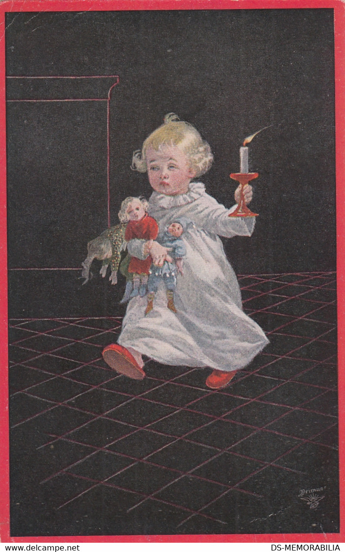 Wally Fialkowska - Child W Dolls & Candle Old Postcard - Fialkowska, Wally