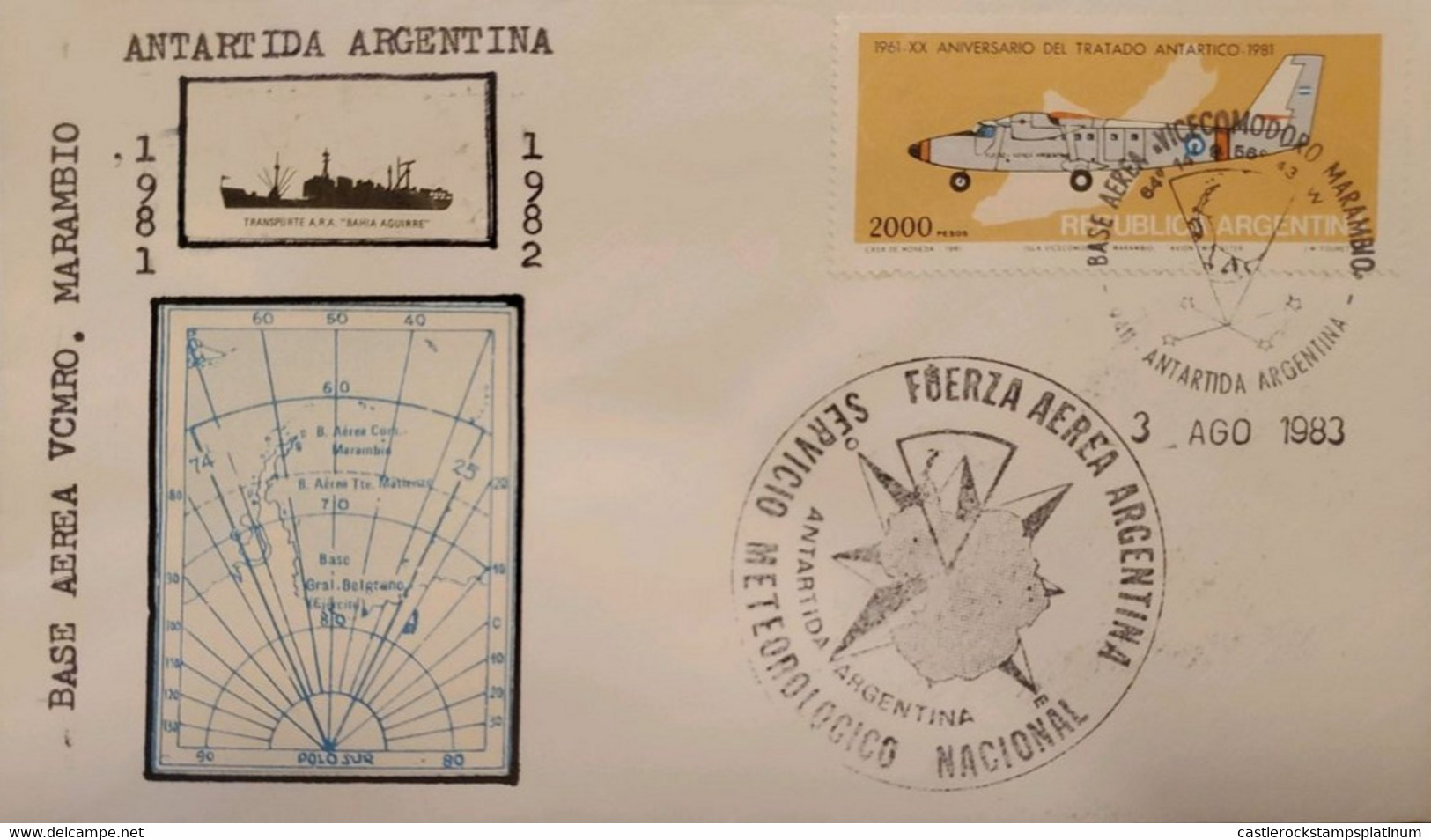 A) 1983, ARGENTINA, VICE COMMODORE MARAMBIO AIR BASE COVER, TRANSPORT A.R.A, ANTARCTIC TREATY ANNIVERSARY, XF - Covers & Documents