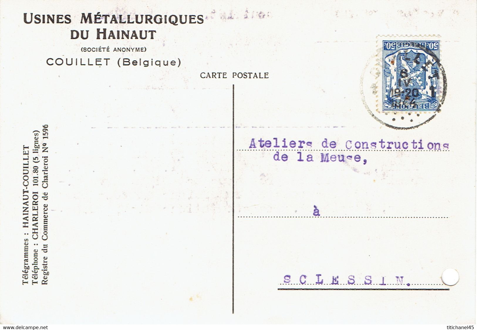 N°426 Op Postkaart Met Firmaperforatie (perfin) "U.M.H." Van USINES METALLURGIQUES DU HAINAUT Met Stempel COUILLET - 1934-51