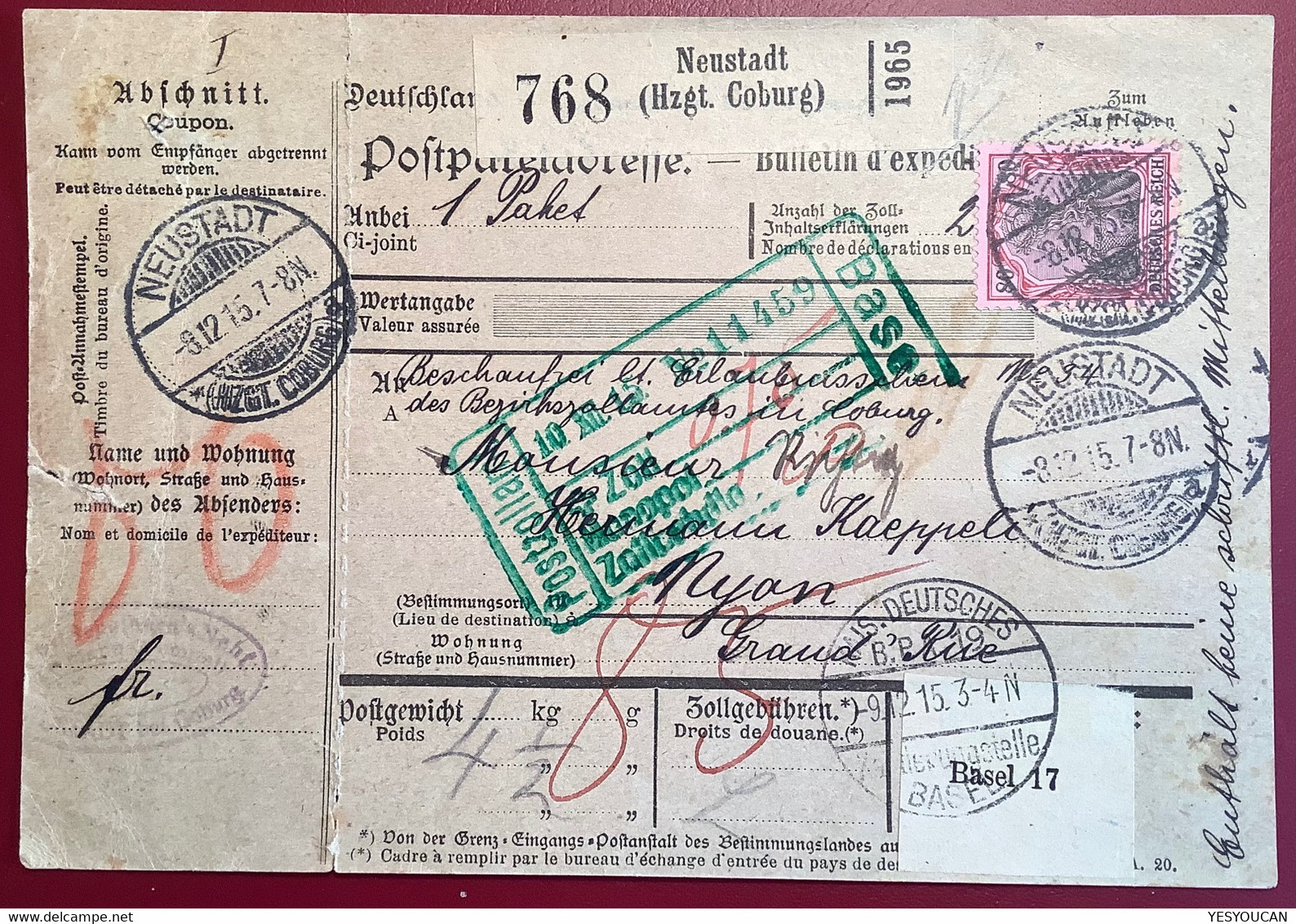 NEUSTADT HZGT COBURG 1915 Germania Mi 93 EF Paketkarte Via Basel>Nyon Schweiz (colis Postal Bayern - Storia Postale
