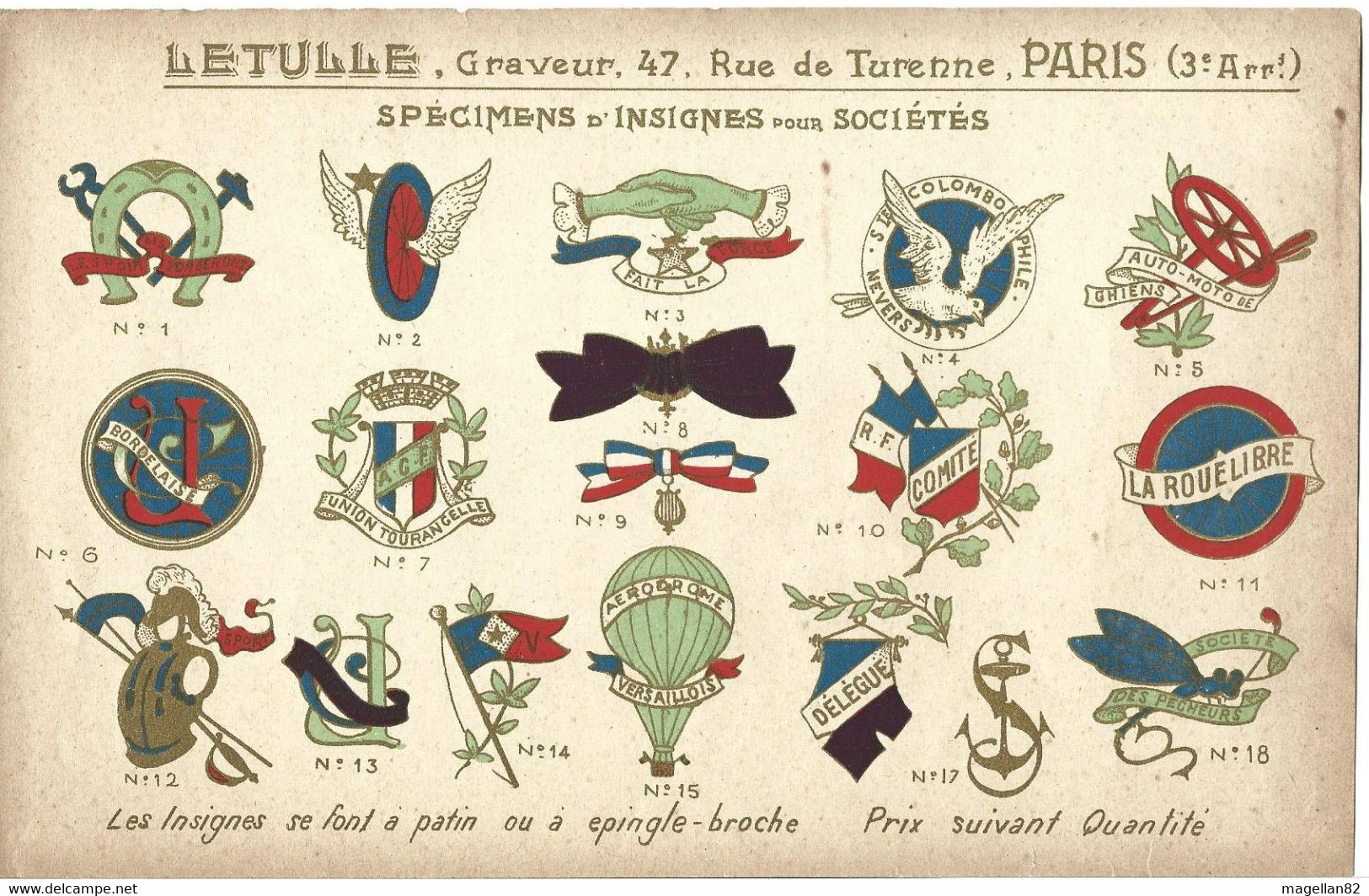 LETULLE.Graveur D’Insignes PARIS. Aviation. Auto Moto GHIEN. Aérodrome Versaillois. Colombophile De Nevers. Tourangelle - Collezioni