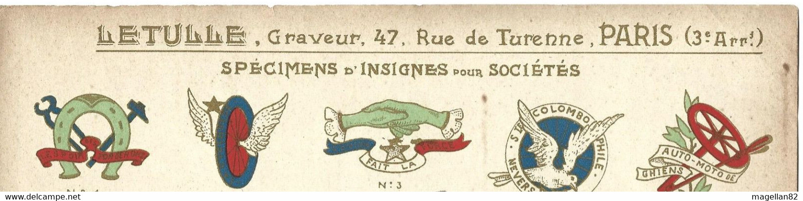 LETULLE.Graveur D’Insignes PARIS. Aviation. Auto Moto GHIEN. Aérodrome Versaillois. Colombophile De Nevers. Tourangelle - Collezioni