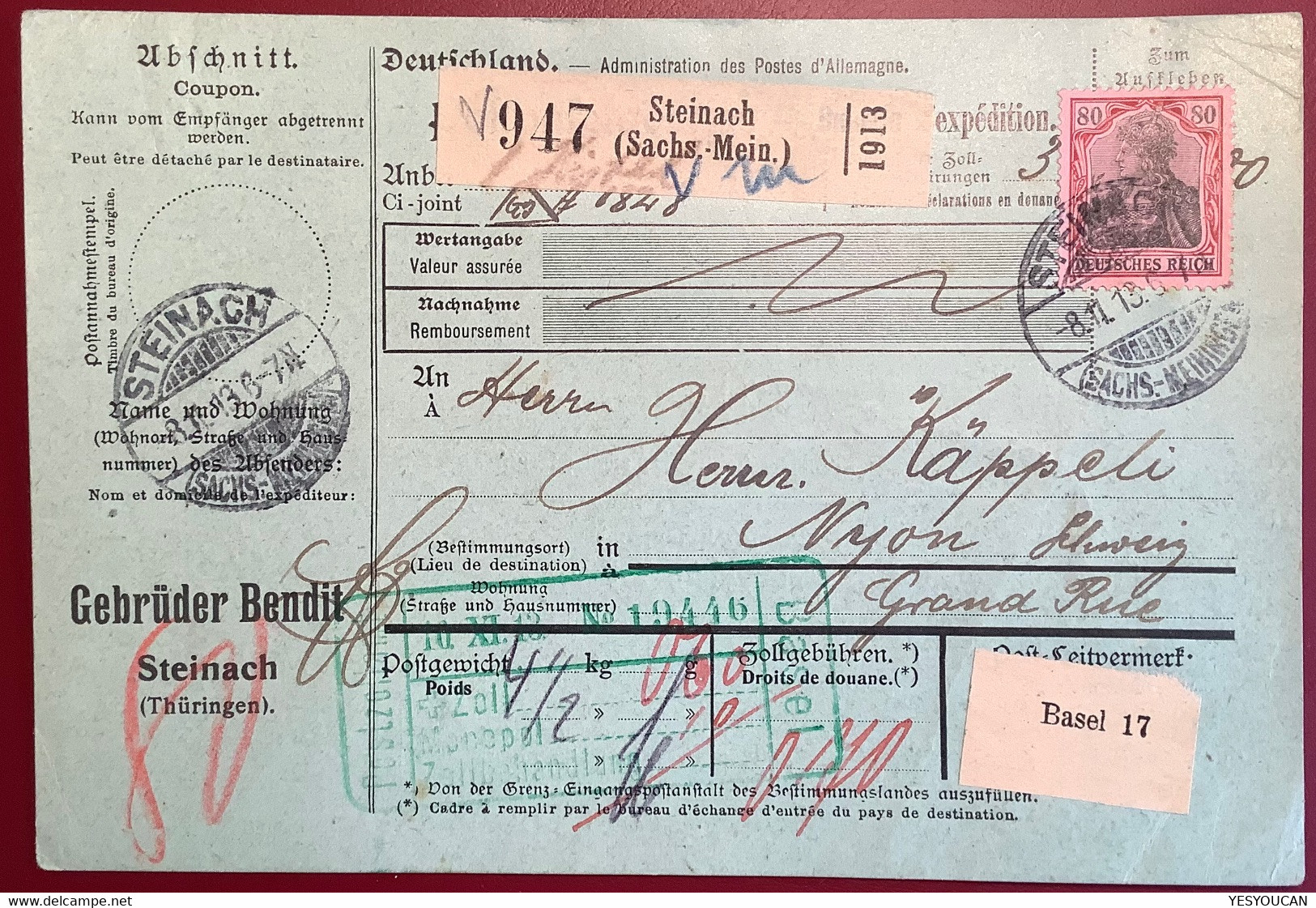 STEINACH SACHSEN-MEININGEN 1913 Germania Mi 93 EF Paketkarte Via Basel>Droguerie Nyon VD Schweiz (colis Postal Thüringen - Cartas & Documentos