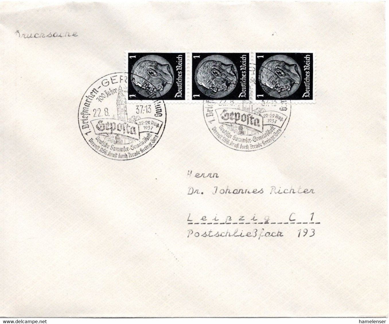 56520 - Deutsches Reich - 1937 - 3@1Pfg Hindenburg A DrucksBf GERA - GEPOSTA ... -> Leipzig - Briefmarkenausstellungen