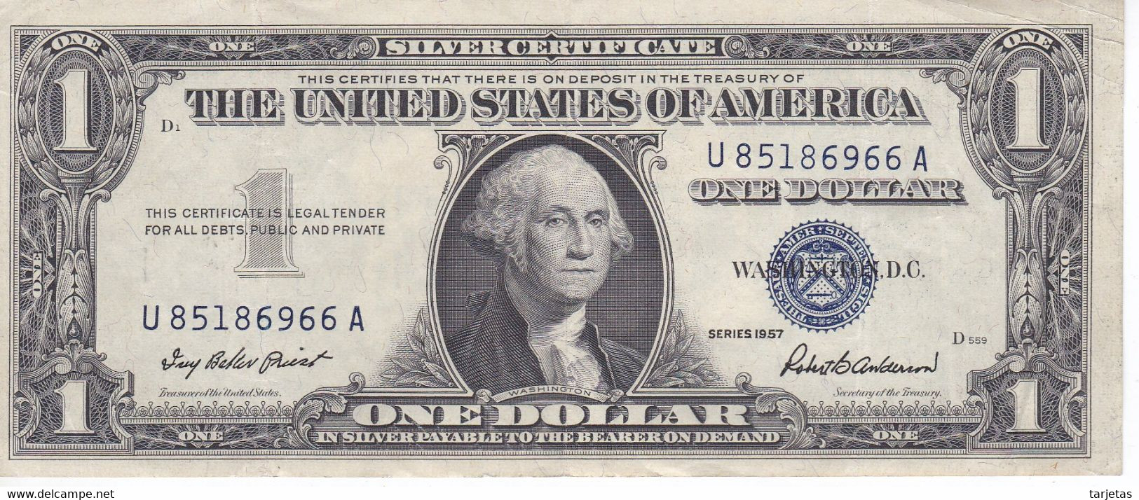 BILLETE DE ESTADOS UNIDOS DE 1 DOLLAR DEL AÑO 1957 D LETRA U-A WASHINGTON  (BANK NOTE) - Billets De La Federal Reserve (1928-...)