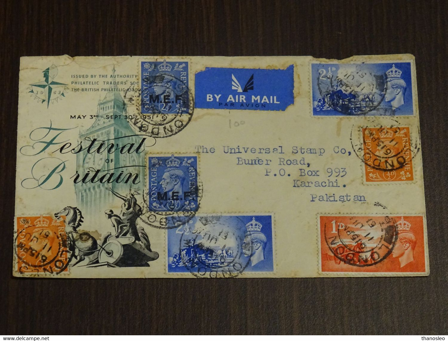 Great Britain 1951 Festival Of Britain Registered FDC To Karachi, Pakistan With MEF Stamps VF - ....-1951 Pre Elizabeth II