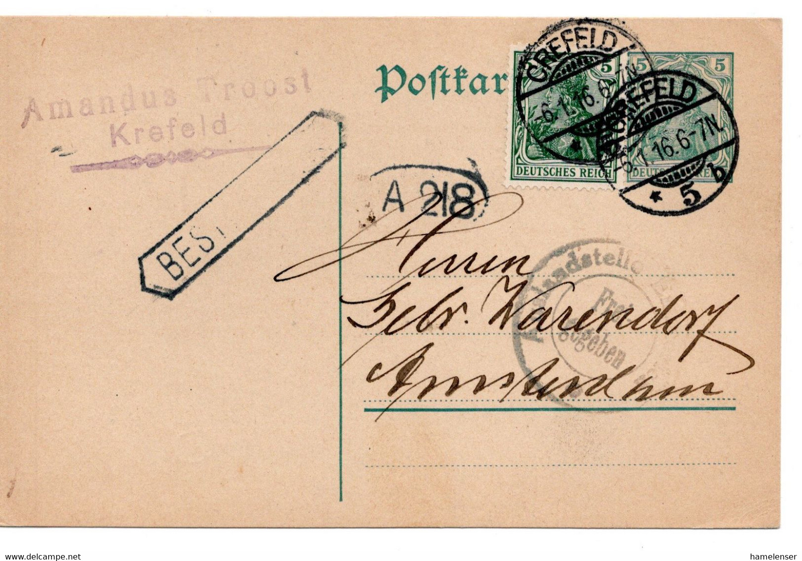 56530 - Deutsches Reich - 1916 - 5Pfg Germania GAKte M ZusFrankatur M Dt Zensur CREFELD -> Niederlande - Storia Postale