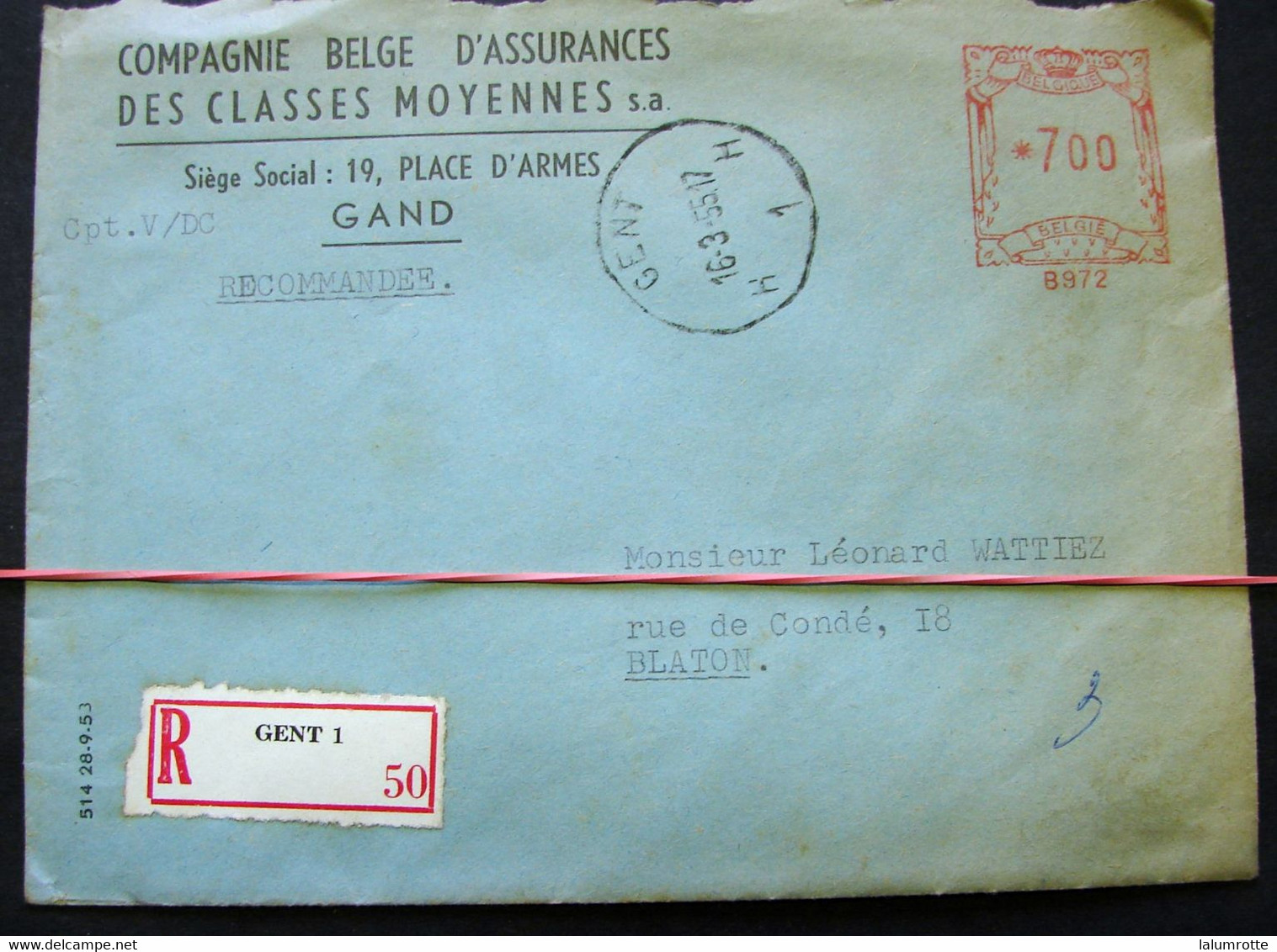 LetDoc. 288. Entête Compagnie Belge D'Assurances Gand, Cachet Rouge De 7 Francs, Recommandé, Absent 1955 - ...-1959