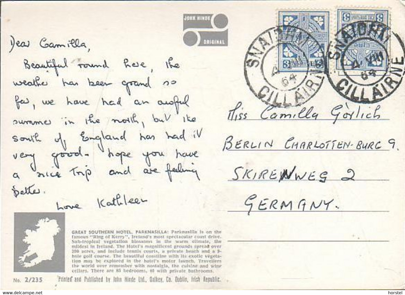 Ireland - Parknasilla - Great Southern Hotel - " Ring Of Kerry" -  2x Nice Stamps 1964 - Cork