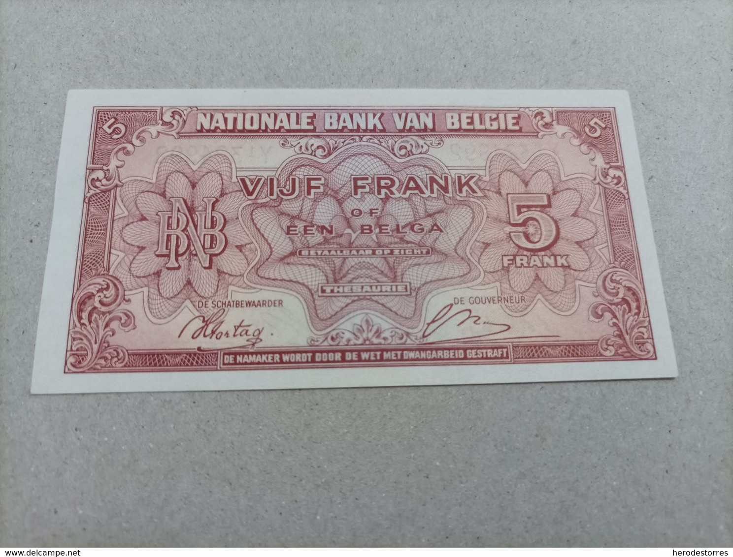 Billete De Bélgica De 5 Francos, Año 1943, UNC - 5 Francos