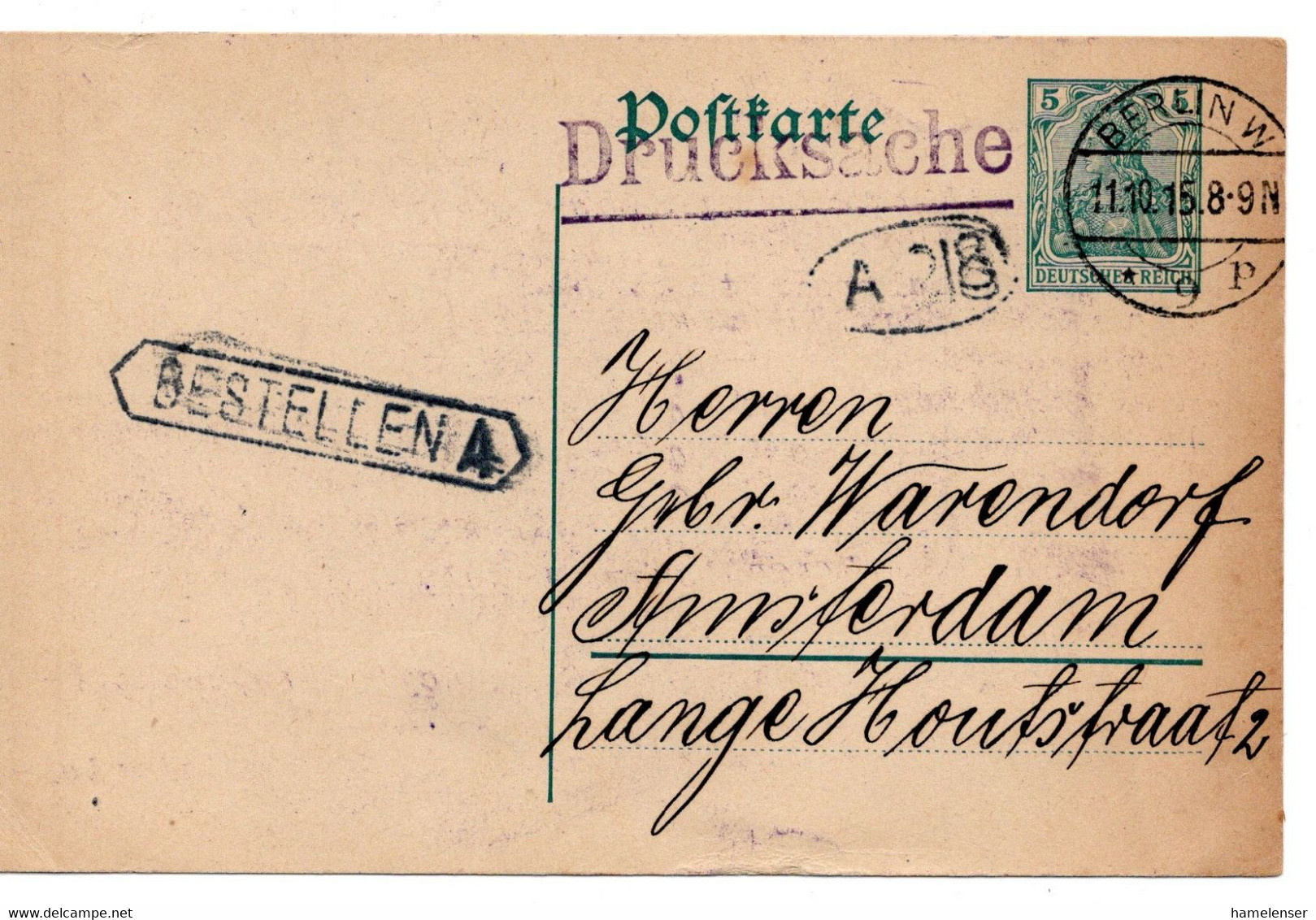56531 - Deutsches Reich - 1915 - 5Pfg Germania GAKte Als Drucksache M Dt Zensur BERLIN -> Niederlande - Brieven En Documenten