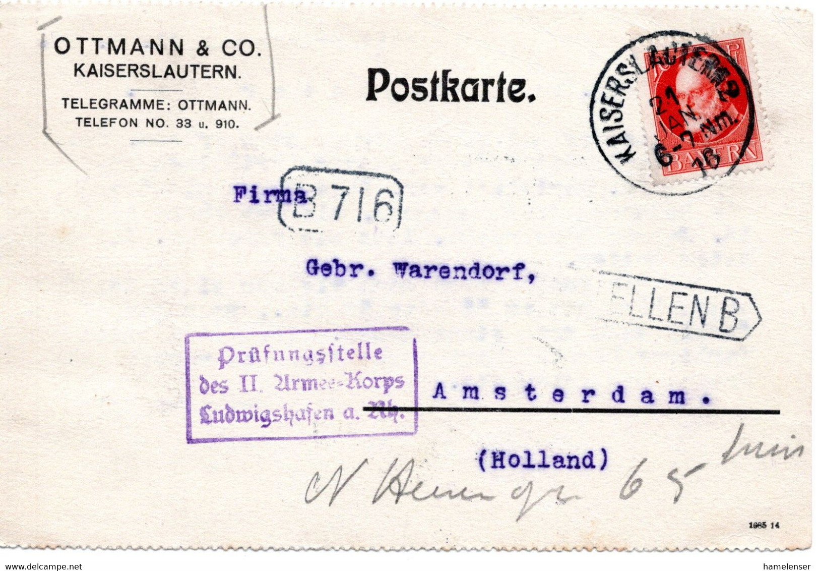 56532 - Altdeutschland / Bayern - 1916 - 10Pfg Ludwig EF A Kte M Dt Zensur KAISERSLAUTERN -> Niederlande - Briefe U. Dokumente