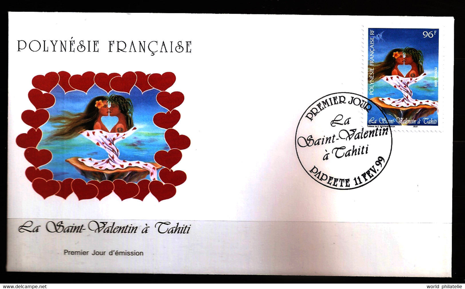 Polynésie 1999 N° 578 O FDC, Amour, Saint-Valentin, Tahiti, Tableau, Elisabeth Stefanovitch, Cœur, Tatouage, Baiser - Gebraucht