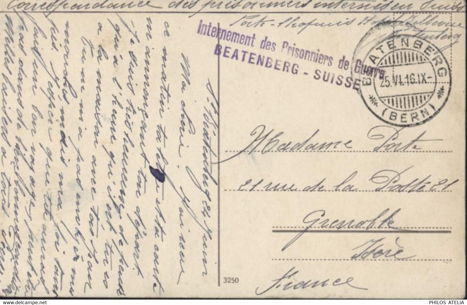 Guerre 14 Cachet Internement Des Prisonniers De Guerre Beatenberg Suisse CAD Beatenberg 25 VI 16 CPA Bern - Postmarks