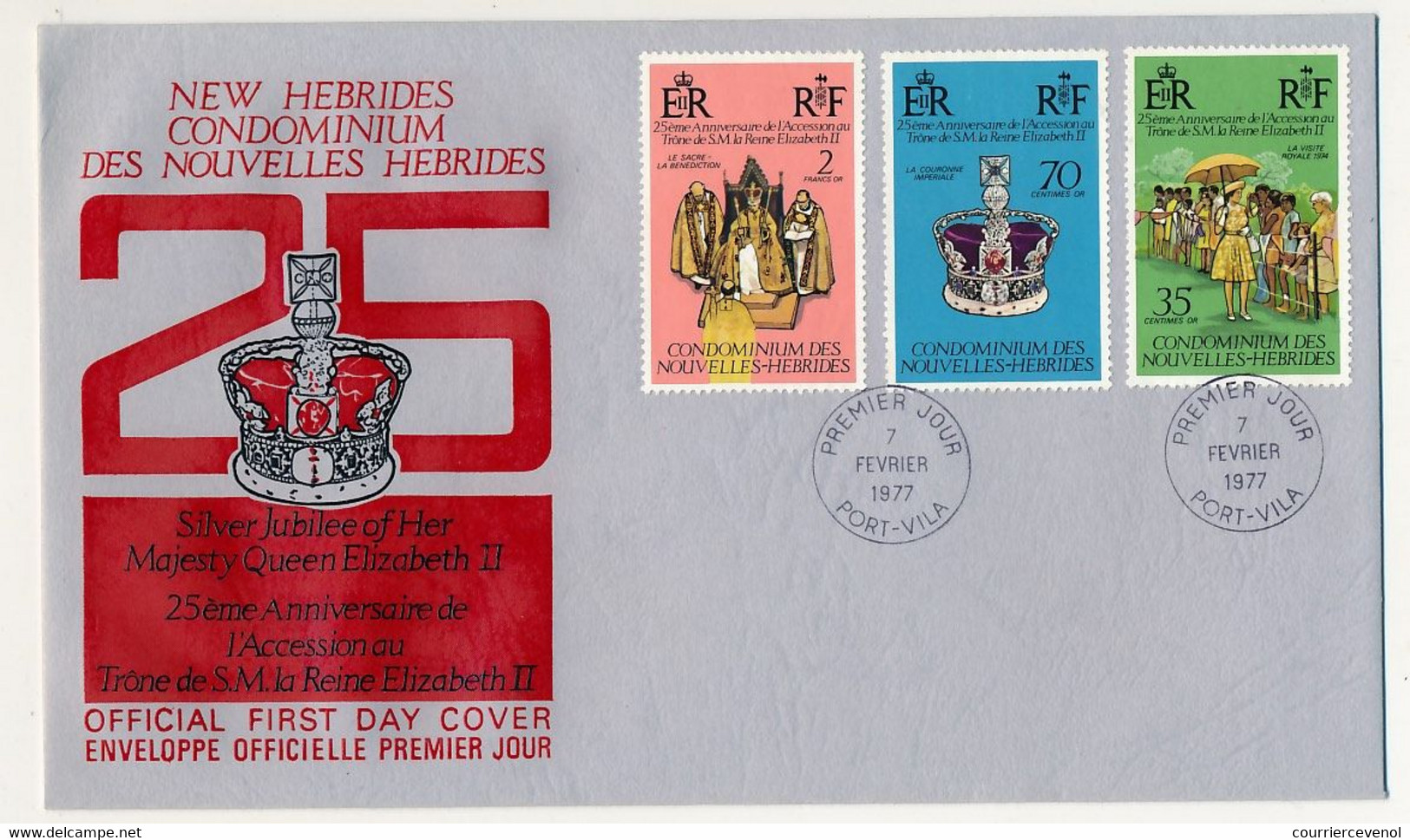 NOUVELLE HÉBRIDES - Enveloppe FDC - 25eme Anniversaire Accession Au Trône - (FR) Port-Vila 7 Février 1977 - FDC
