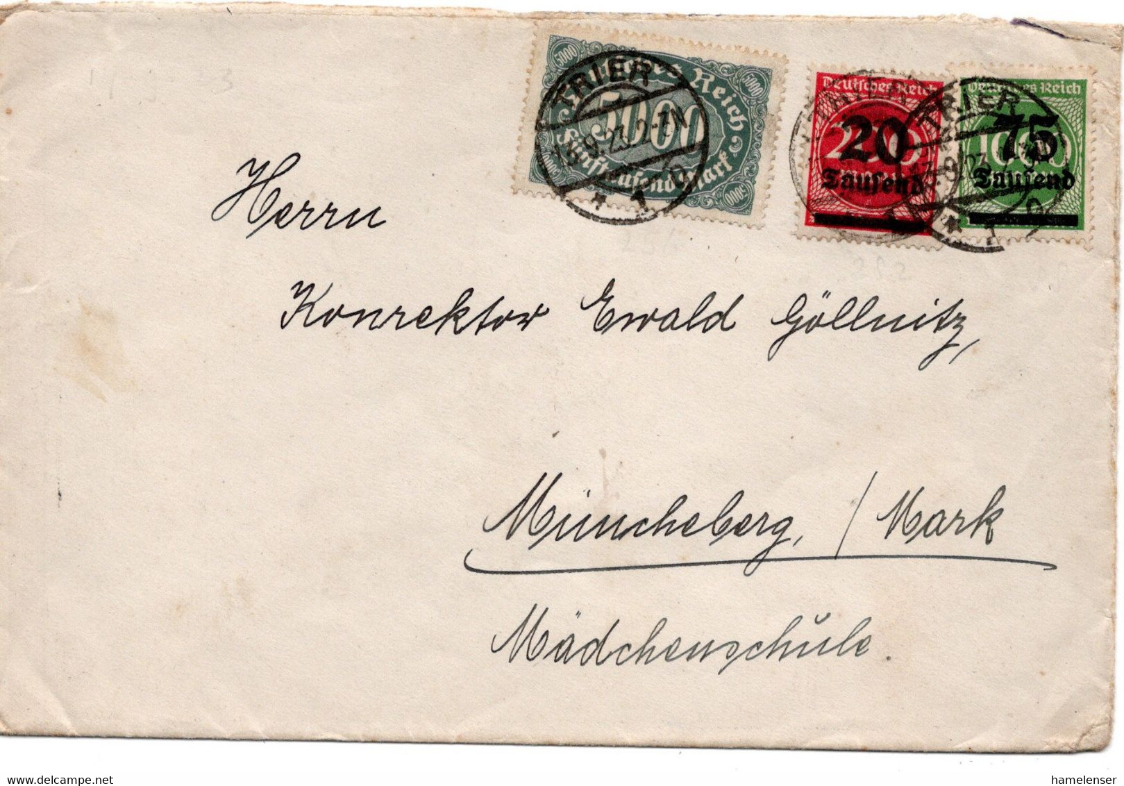 56535 - Deutsches Reich - 1923 - 75.000M/1000M MiF A Bf TRIER -> Muencheberg - Briefe U. Dokumente