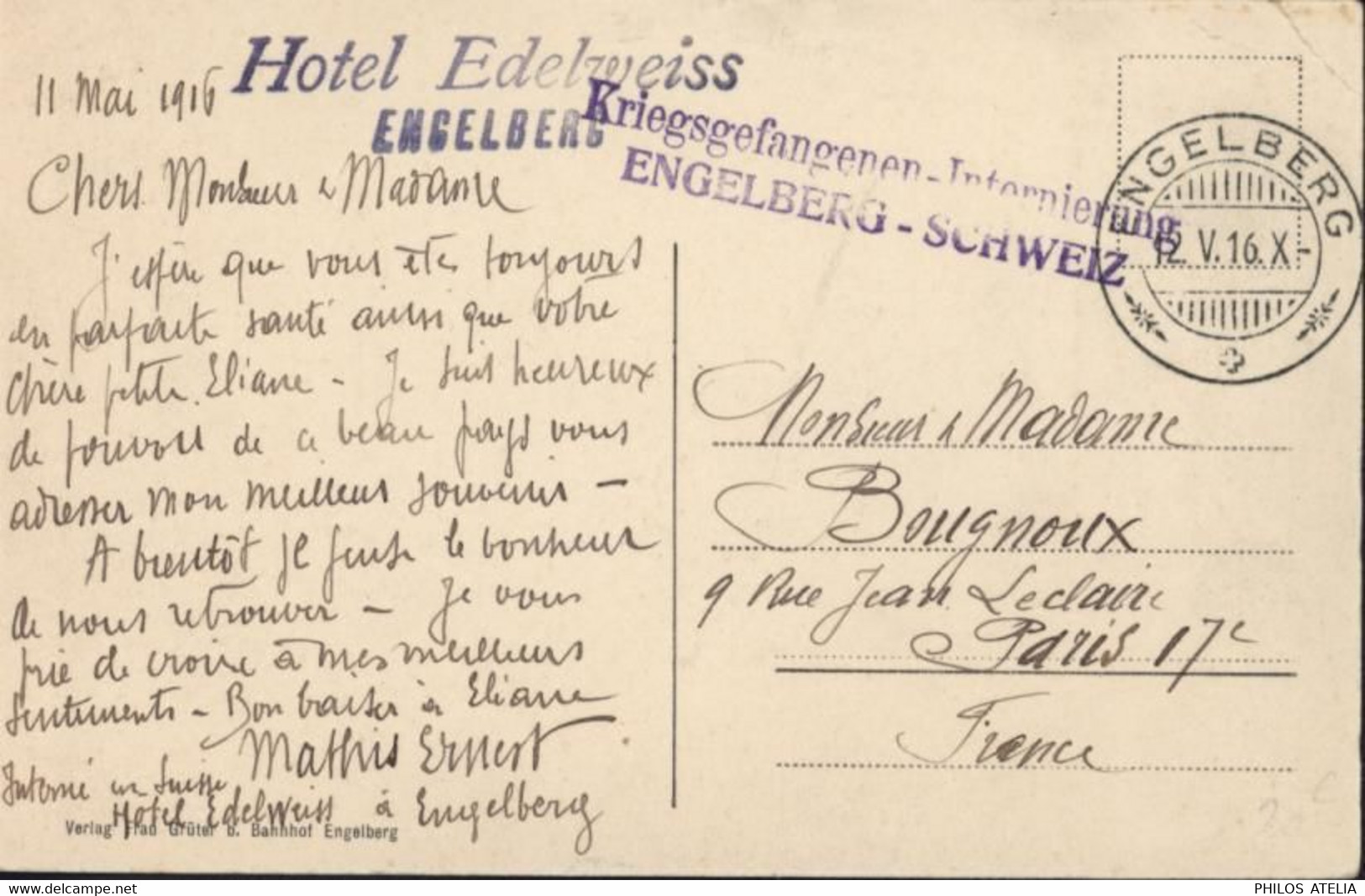 Suisse Guerre 14 Cachet Kriegsgefangenen Internierung Engelberg Schweiz + Hôtel Edelweiss Engelberg CAD 12 V 16 - Annullamenti
