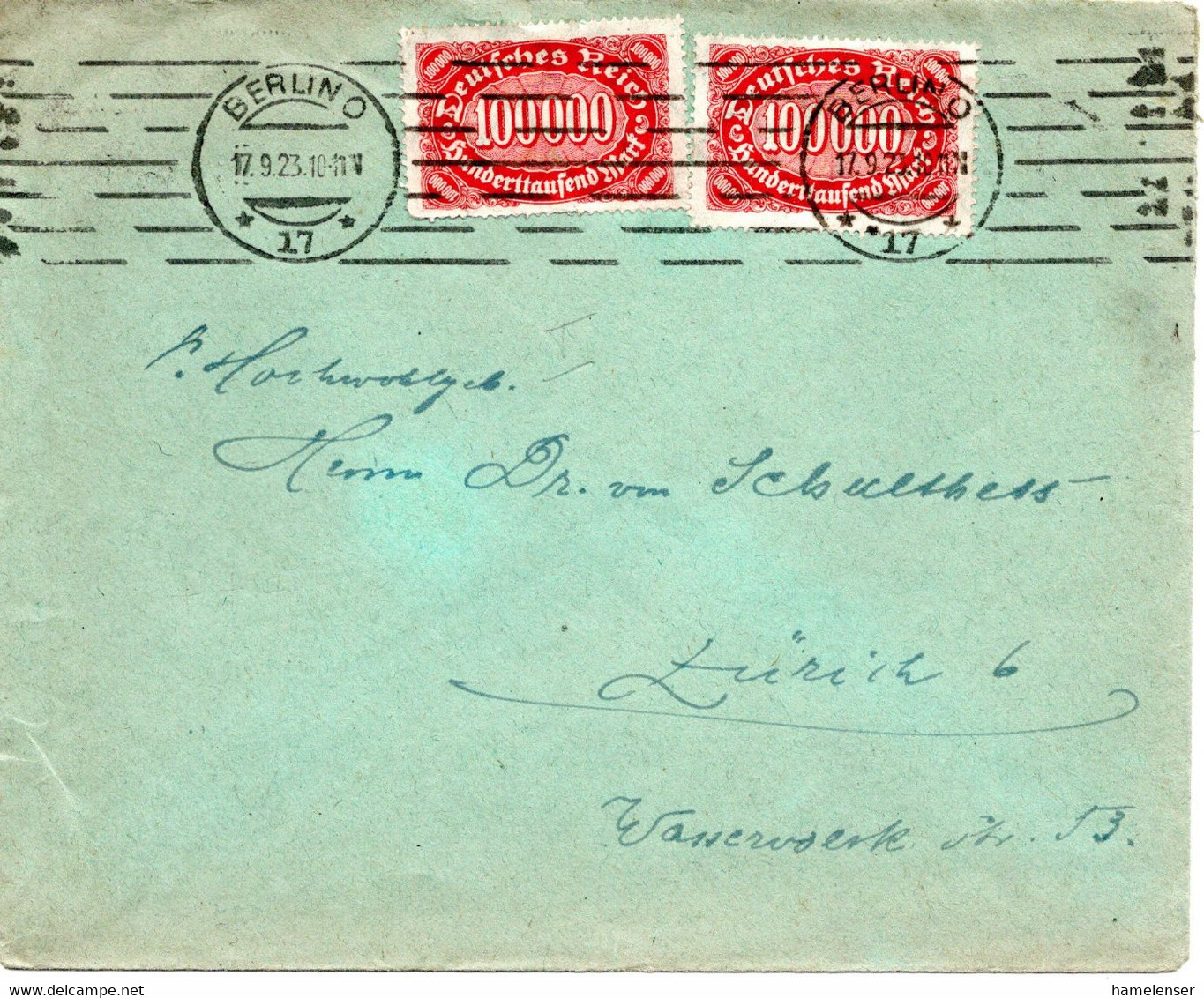 56537 - Deutsches Reich - 1923 - 2@100.000M Ziffer A Bf BERLIN -> Schweiz - Storia Postale