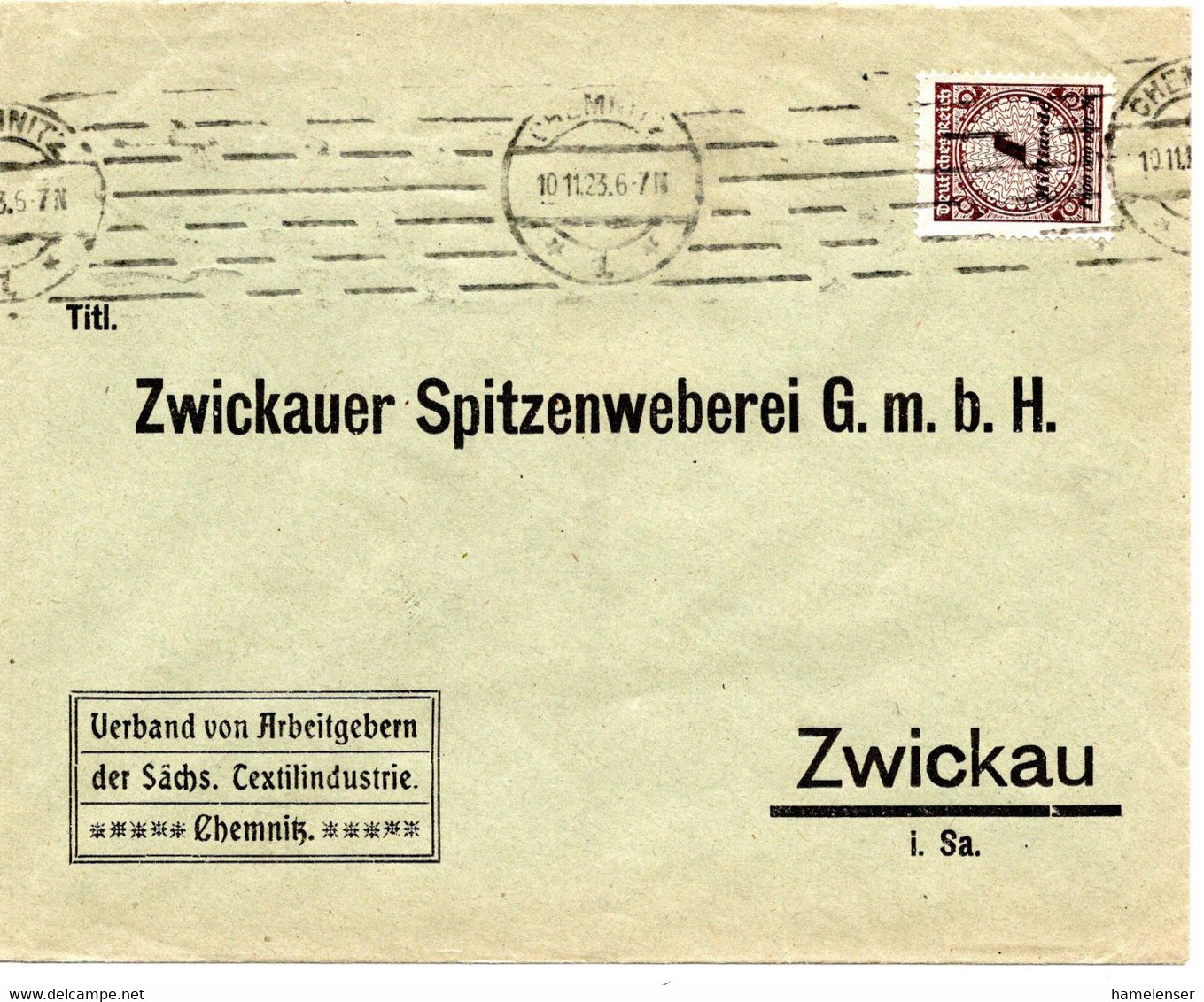 56544 - Deutsches Reich - 1923 - 1MrdM EF A Bf CHEMNITZ -> Zwickau - Storia Postale