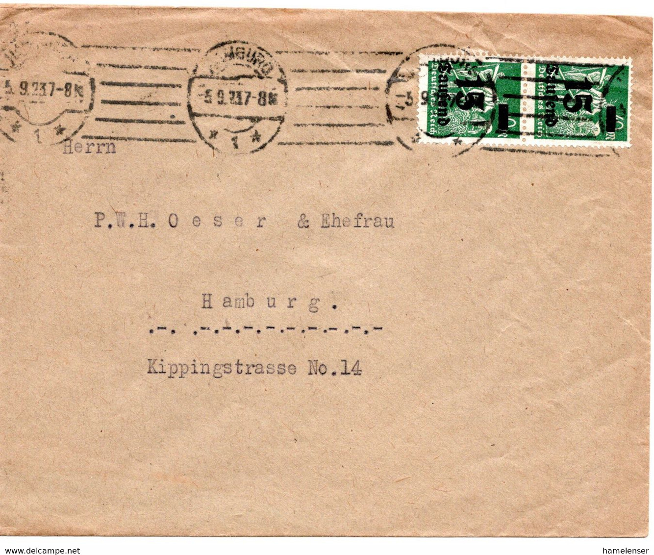 56558 - Deutsches Reich - 1923 - 2@15.000/40M A OrtsBf HAMBURG - Covers & Documents