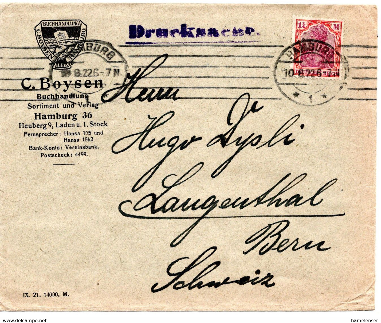 56559 - Deutsches Reich - 1922 - 1,25M Germania EF A DrucksBf HAMBURG -> Schweiz - Lettres & Documents