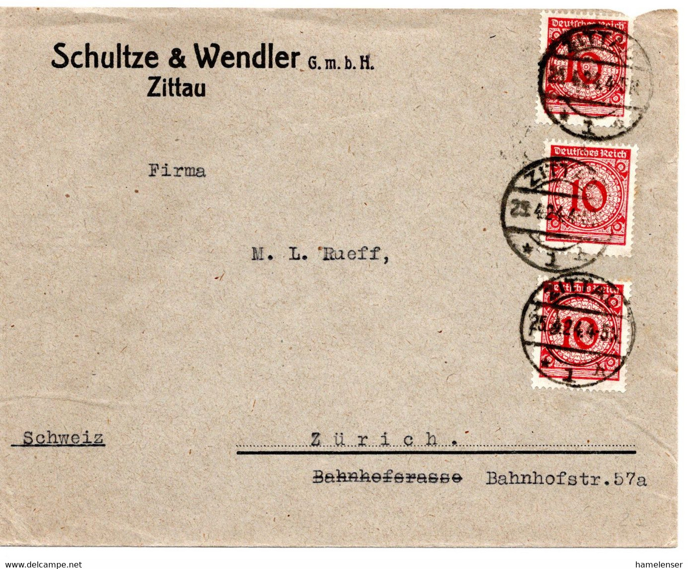 56563 - Deutsches Reich - 1924 - 3@10Pfg Korbdeckel A Bf ZITTAU -> Schweiz - Lettres & Documents