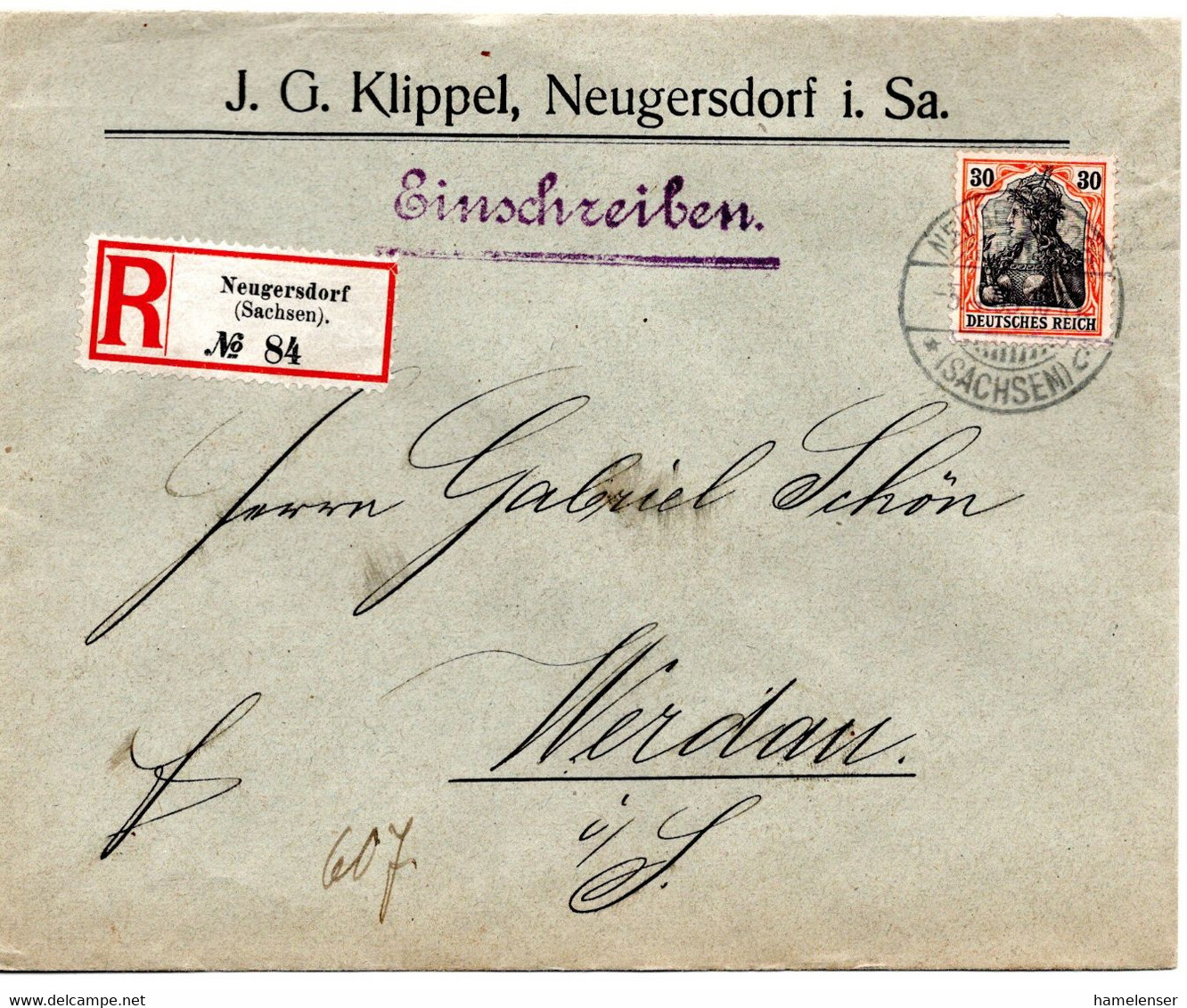 56565 - Deutsches Reich - 1905 - 30Pfg Germania EF A R-Bf NEUGERSDORF -> WERDAU - Covers & Documents