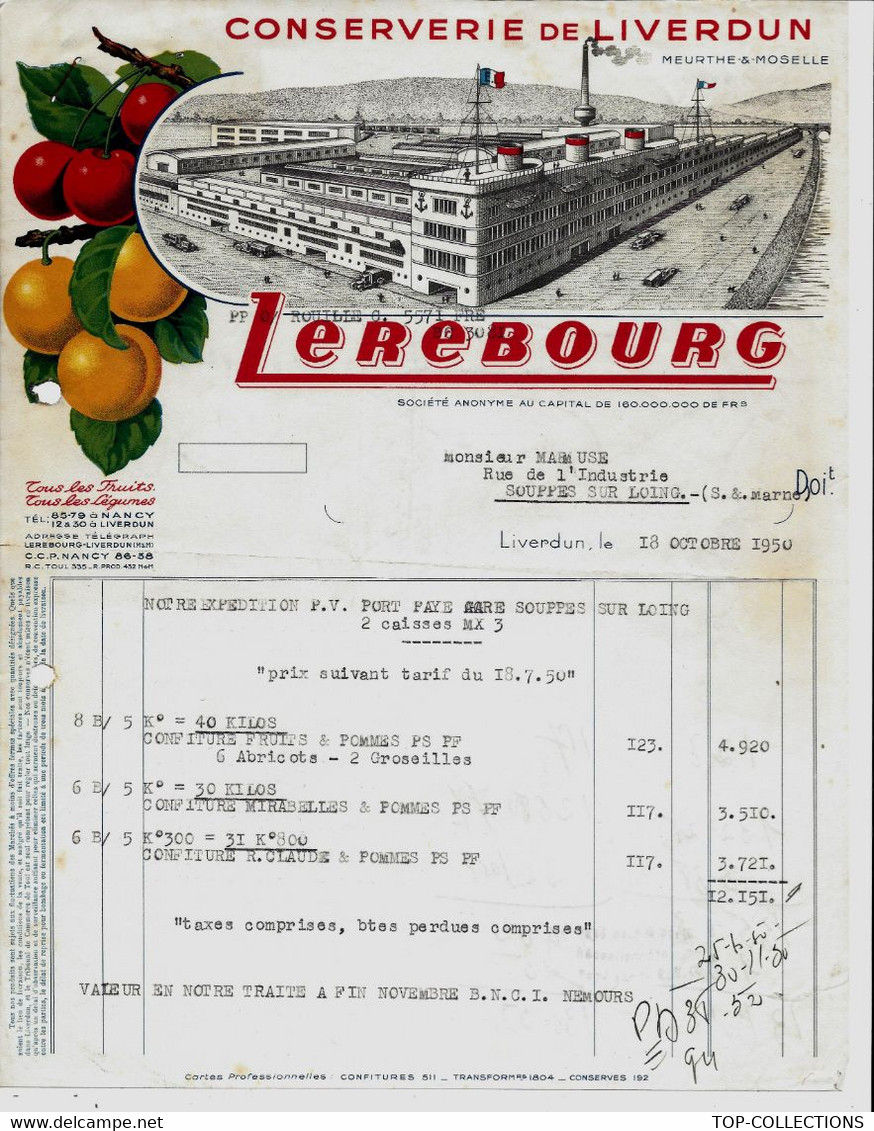 1950 SUPERBE ENTETE CONSERVERIE DE LIVERDUN Meurthe Et Moselle Lerebourg Pour Souppes Sur Loing Seine Et Marne - 1900 – 1949