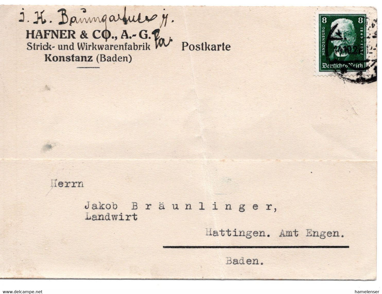 56568 - Deutsches Reich - 1927 - 8Pfg Hindenburg EF A Kte KONSTANZ -> Hattingen, Buegig - Briefe U. Dokumente