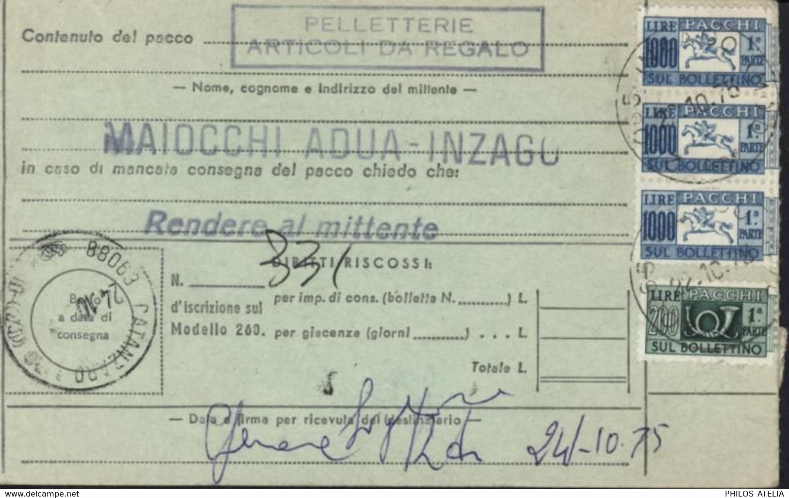 Italie Valeur Déclarée 50 000 Lire 5800 Grammes Timbre Colis Postaux N°74 + 89 + 83 Inzago 22 10 1875 Arrivée Catanzaro - Postal Parcels