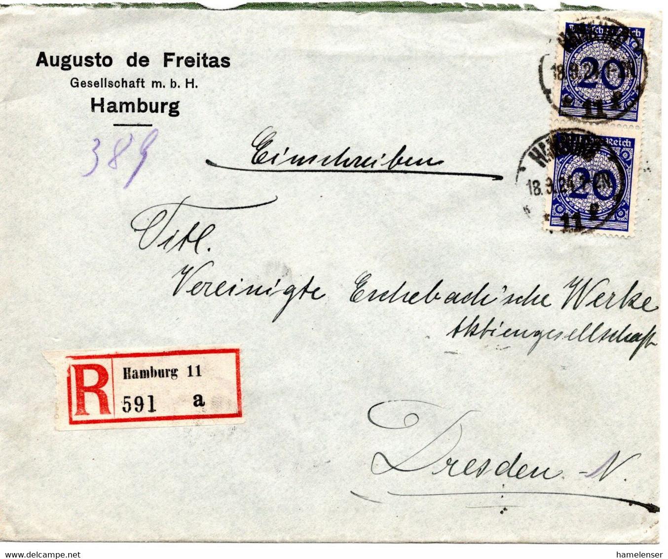 56571 - Deutsches Reich - 1924 - 2@20Pfg Korbdeckel A R-Bf HAMBURG -> DRESDEN - Briefe U. Dokumente