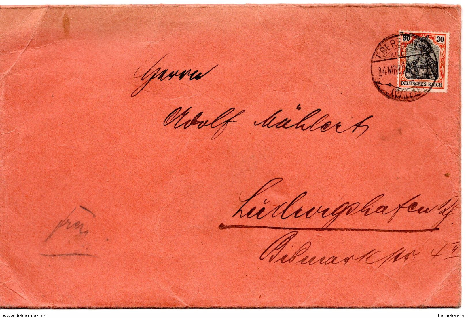 56574 - Deutsches Reich - 1920 - 30Pfg Germania EF A Bf EBERSBACH -> Ludwigshafen - Storia Postale