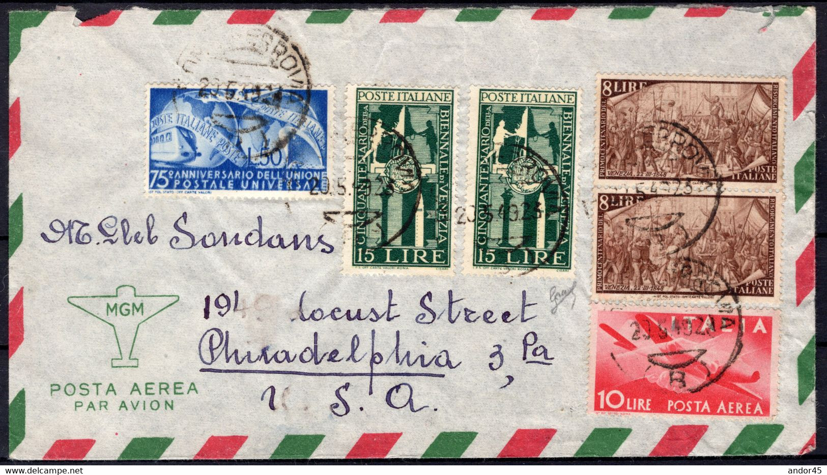 1949 20 MAG AEROGRAMMA DA ROMA PER PHILADELPHIA CON BELLISSIMA AFFRANCATURA QUADRICOLORE DI PiU' SERIE DIVERSE FIRMA BIO - Airmail