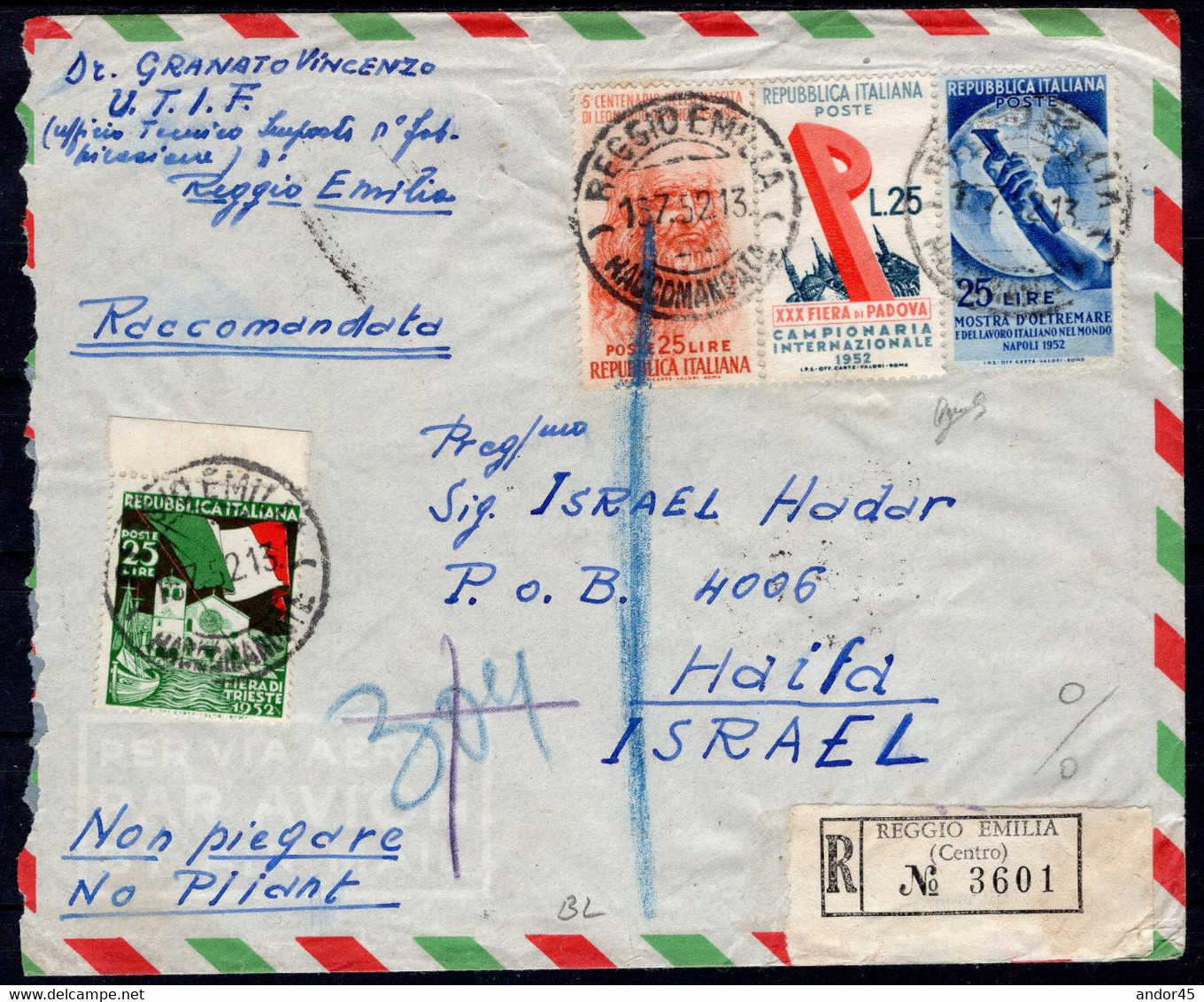 1952 15 LUG AEROGRAMMA RACCOMANDATO DA REGGIO EMILIA PER HAIFA IN ISRAELE CON BELLISSIMA AFFRANCATURA FRONTE-RETRO DI PI - Poste Exprèsse