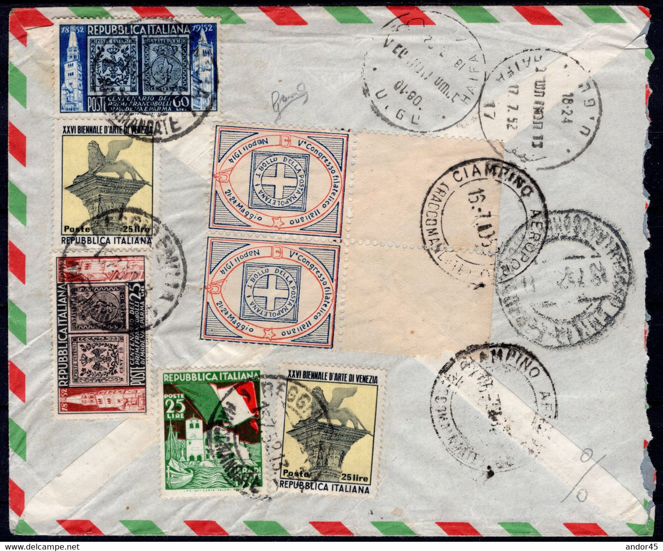 1952 15 LUG AEROGRAMMA RACCOMANDATO DA REGGIO EMILIA PER HAIFA IN ISRAELE CON BELLISSIMA AFFRANCATURA FRONTE-RETRO DI PI - Express Mail