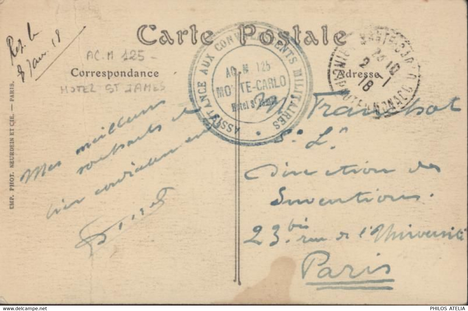 Guerre 14 CPA Monaco FM Monté Carlo 21 1 18 Cachet ACM 125 Monté Carlo Hôtel St James Assistance Convalescents Militaire - Covers & Documents