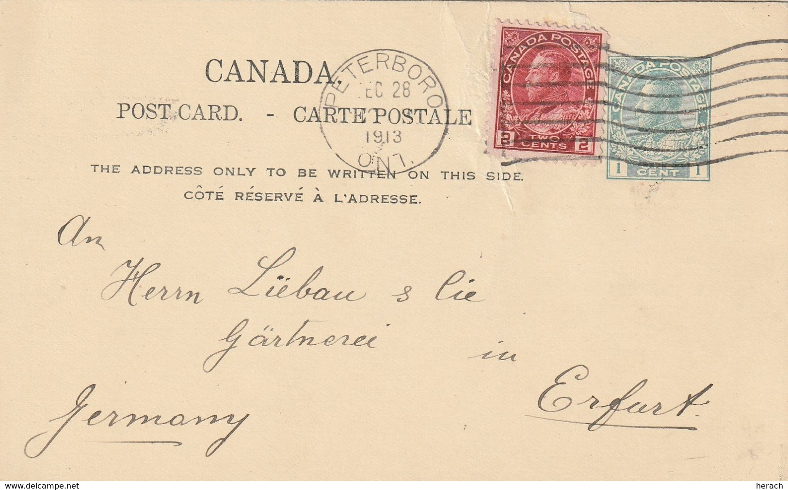 Canada Entier Postal Peterboro Pour L'Allemagne 1913 - 1903-1954 Könige