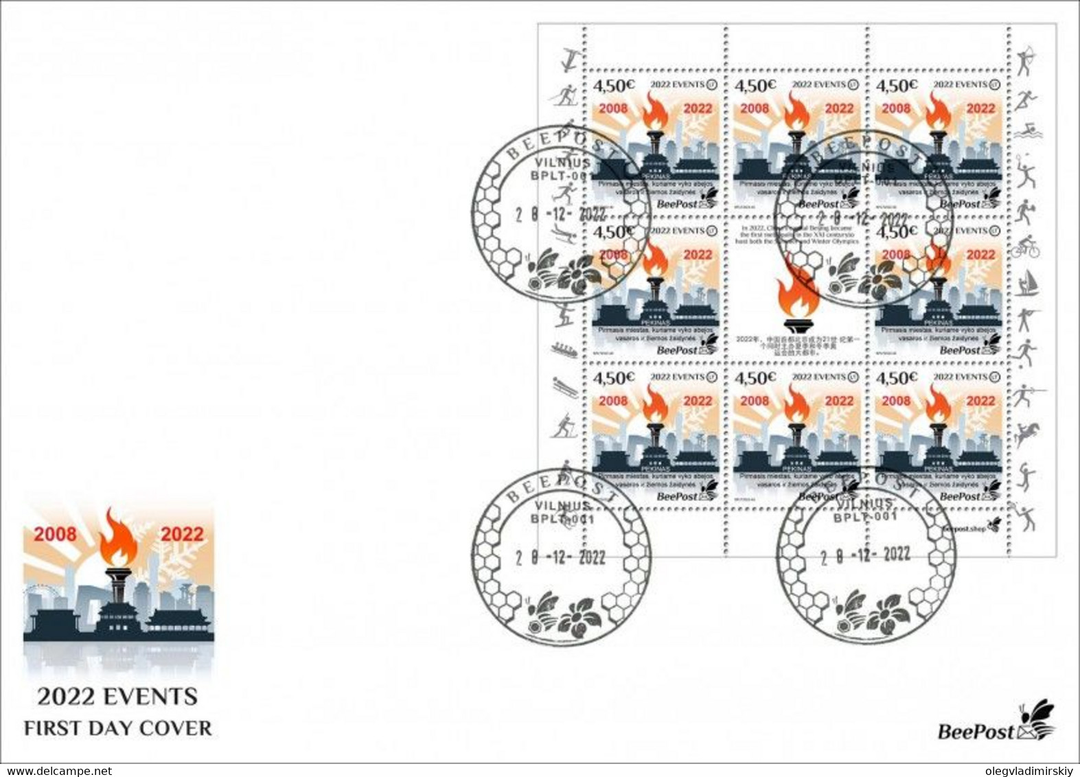 Lithuania 2022 Significant Events Beijing Olympic Capital 2008 2022 BeePost FDC Sheetlet - Winter 2022: Peking