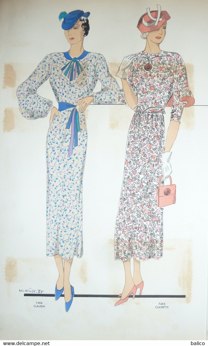 2 Dessins De Mode Exclusif De "M. KUSS 1935"  Recto Verso -  ( Format   24 Cm X 36 Cm )  -  Réf, B 49 - 1900-1940