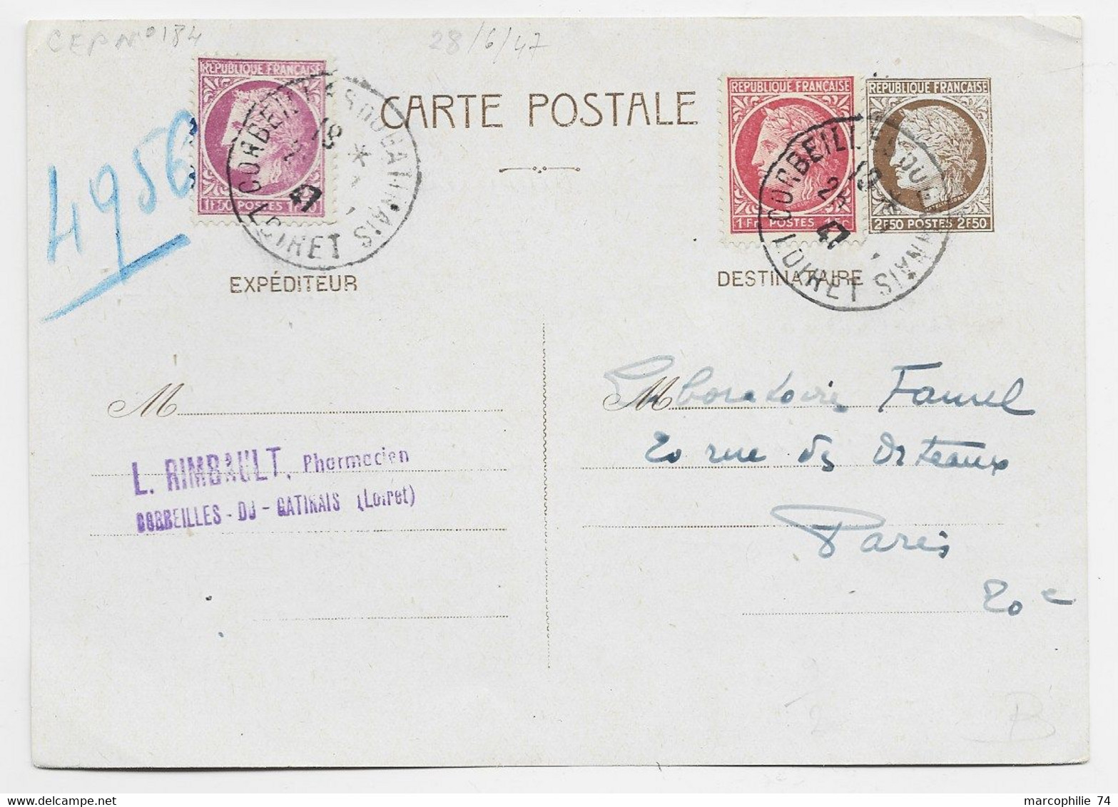 FRANCE ENTIER MAZELIN 2FR50 CP +1FR+1FR50 ORLEANS 29.9.1947 AU TARIF - 1945-47 Ceres Of Mazelin